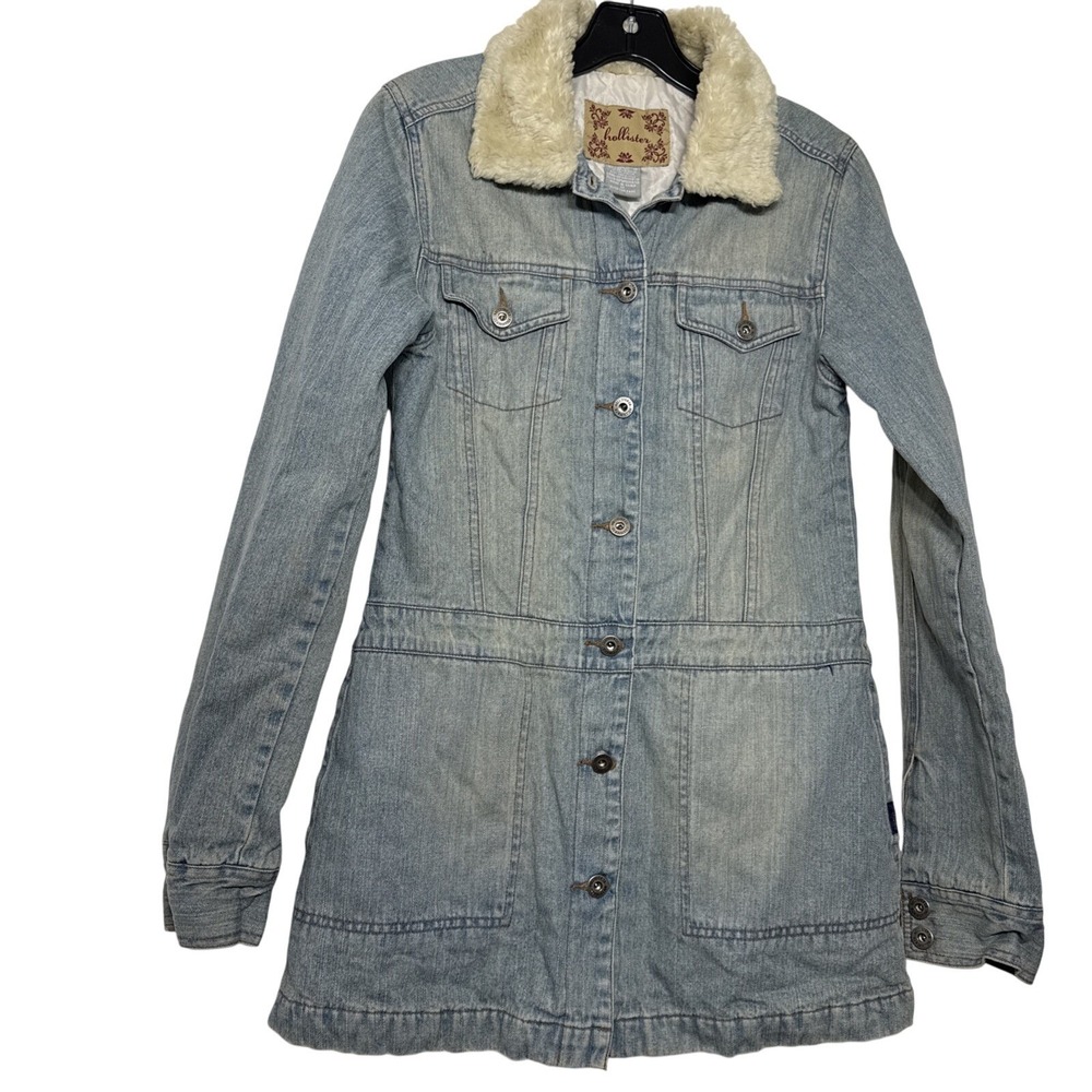 Vintage Hollister Denim Jean‎ Jacket Faux Fur Collar Lined Women's Medium Y2K
